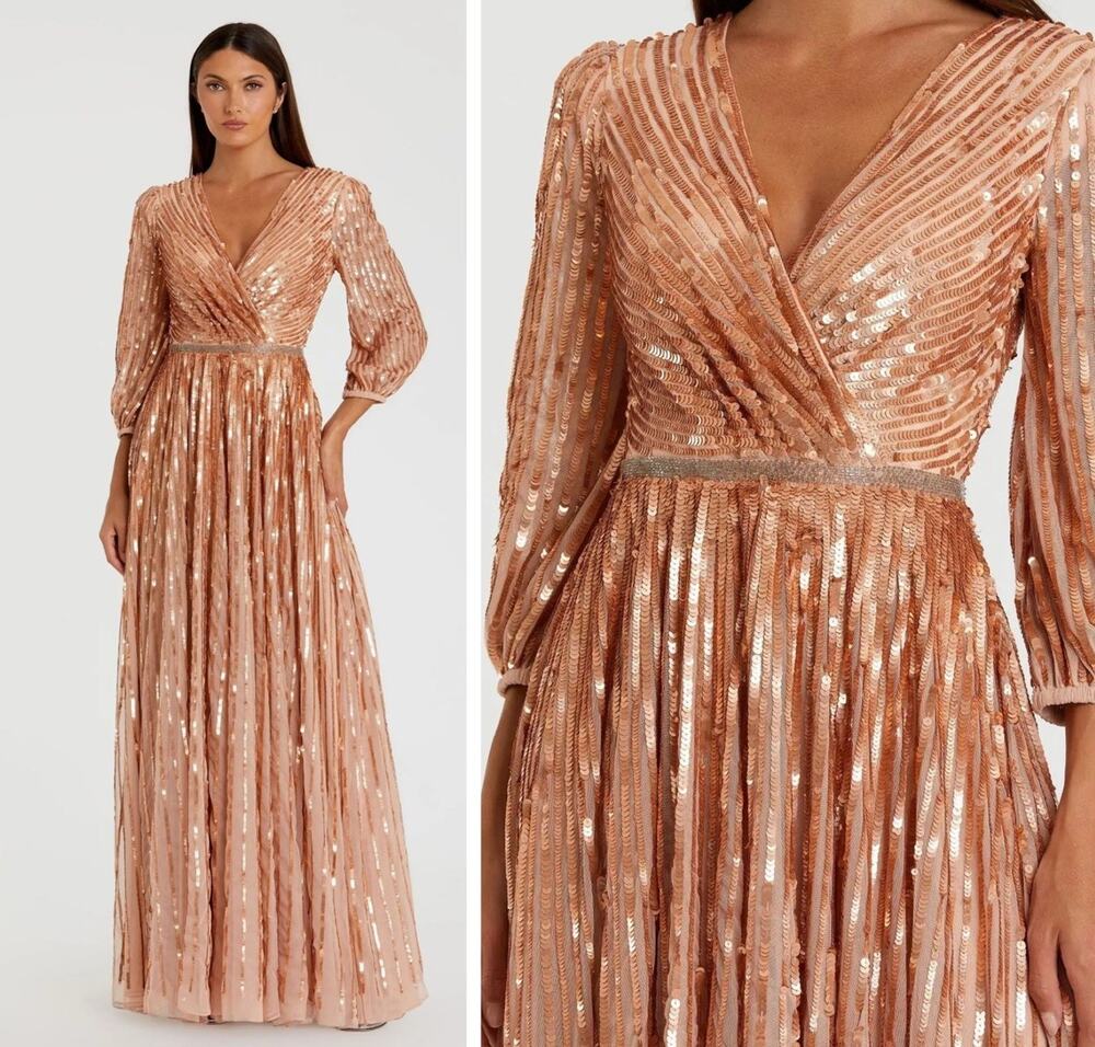 MAC DUGGAL 5509 Sequined Gown Size 8 Wrap Over 3/4 Sleeve Maxi DRESS NWT $598